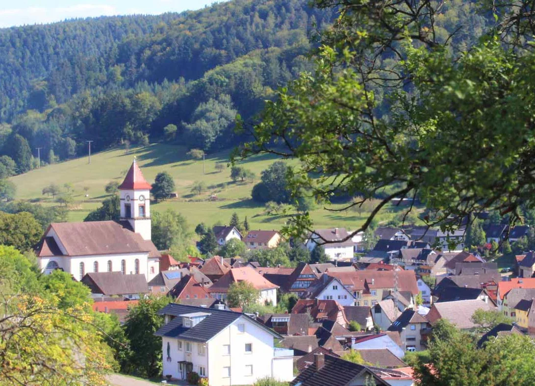 Blick auf Münchweier mit Kirche, Häusern und bewaldeten Hängen