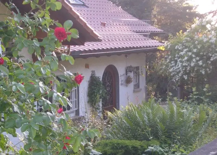 Ferienhaus mit Rosen im Vordergrund und Rundbogentür