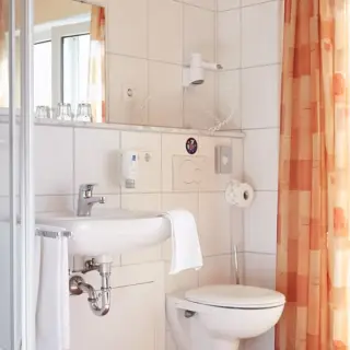 Badezimmer mit Waschbecken, WC und Duschvorhang