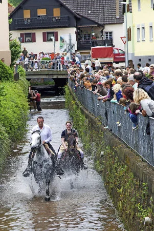 Zwei Reiter reiten durch einen Bach, am Ufer stehen viele Zuschauer