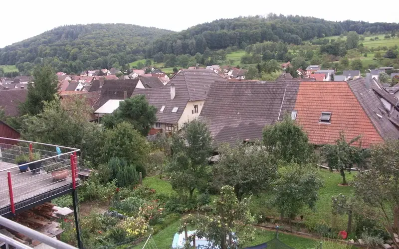 Blick von einem Balkon über Gärten und Dächer auf den bewaldeten Hang